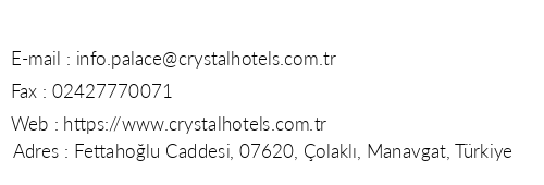 Crystal Palace Luxury Resort & Spa telefon numaralar, faks, e-mail, posta adresi ve iletiim bilgileri